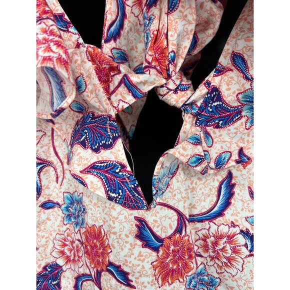 Halston Floral Ruffle V-Neck Sleeveless Top Batik Blossom Women Size Large L - Picture 7 of 10